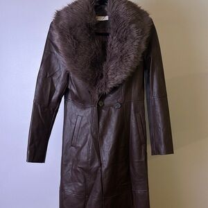 Commense Dark Brown Trench Coat with Faux Fur Collar
